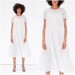 ZARA CUTWORK EMBROIDERY TIERED MIDI DRESS